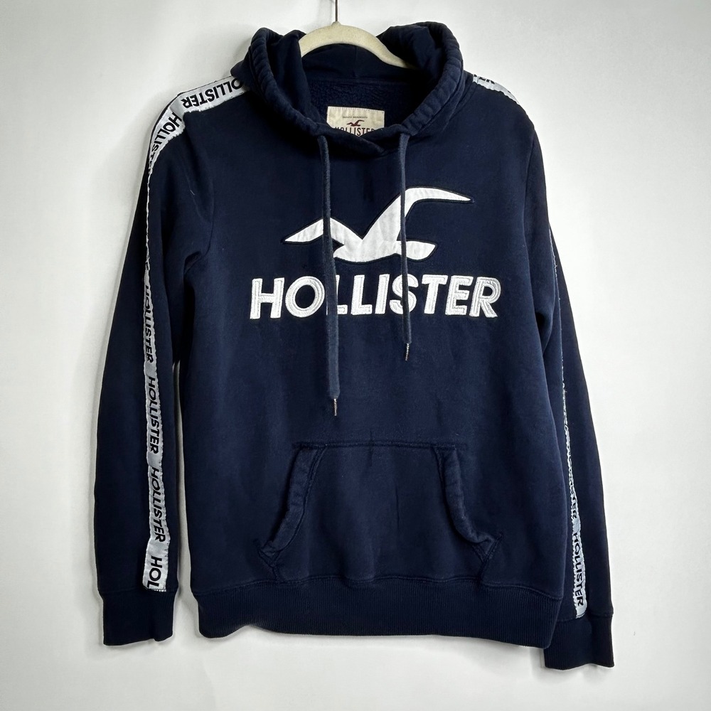 Y2K 90s Hollister Navy Blue Hoodie Sweatshirt Logo Tape Hoodie Size L - Picture 1 of 8